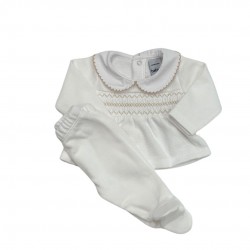 Babidu White And Beige Knitted Top And Footed Trouser Set