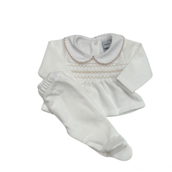 Babidu White And Beige Knitted Top And Footed Trouser Set