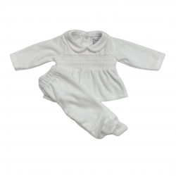 Babidu White And Pink Velour Top And Footed Trouser Set