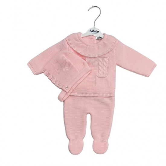 Babidu Pink Knitted Jumper And Footed Trouser Set With Bonnet
