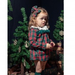 Calamaro Red and Green Tartan Long Sleeved Dress With Green PomPoms - younger style