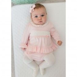 Mintini Pink And White Jam Pant Set With Smock Detailing