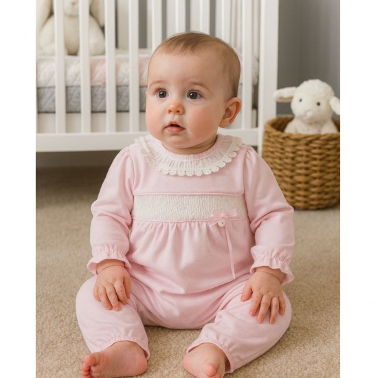Mintini Pink And White Babygrow With Smock Detailing