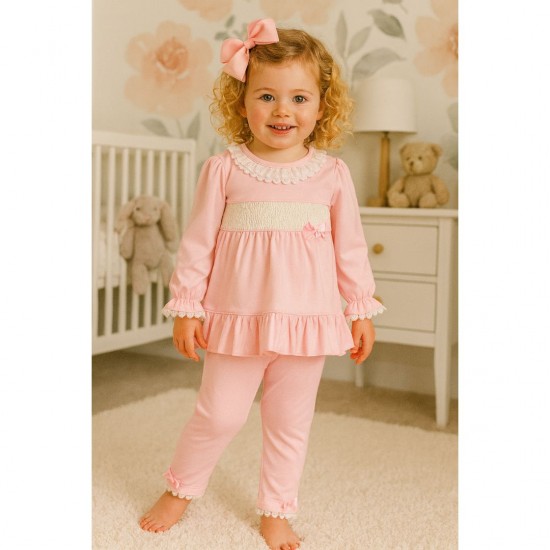 Mintini Pink and White Top And Leggings Set With Smock Detailing