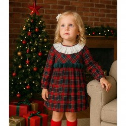 Calamaro Older Girls Red and Green Tartan Long Sleeved Dress With Green PomPoms