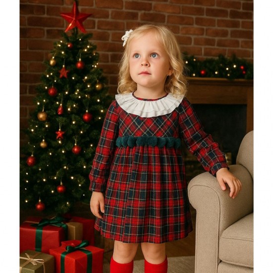 Calamaro Older Girls Red and Green Tartan Long Sleeved Dress With Green PomPoms