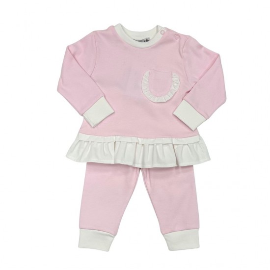 Pink And White Frilled Top And Trouser Set Pink And White Frilled Top And Trouser Set