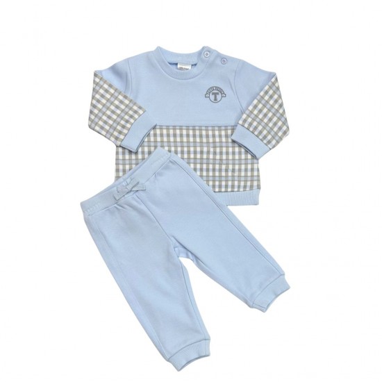 Tutto Piccolo Blue Crew Neck Tracksuit With Beige Check Tutto Piccolo Blue Crew Neck Tracksuit With Beige Check