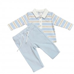 Tutto Piccolo Blue And Beige Polo Shirt Trouser Set Tutto Piccolo Blue And Beige Polo Shirt Trouser Set