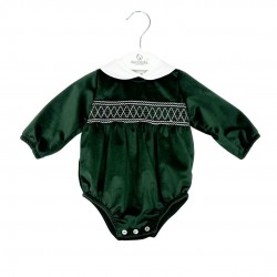 Deolinda Green Velour Romper With Smock Detailing Deolinda Green Velour Romper With Smock Detailing