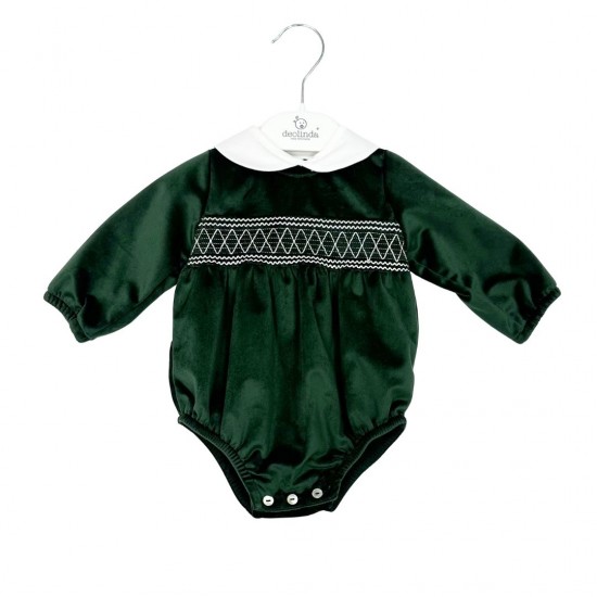 Deolinda Green Velour Romper With Smock Detailing Deolinda Green Velour Romper With Smock Detailing