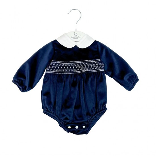Deolinda Navy Velour Romper With Smock Detailing Deolinda Navy Velour Romper With Smock Detailing