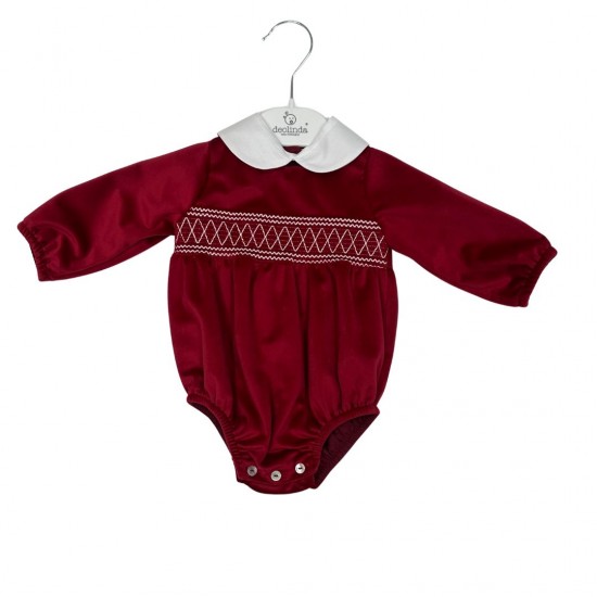 Deolinda Red Velour Romper With Smock Detailing Deolinda Red Velour Romper With Smock Detailing