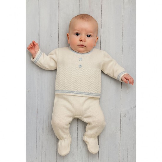 Pex Knitted Cream And Blue Footed Trouser Set