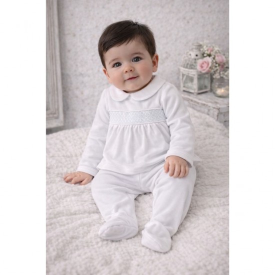 AW Pex white velour babygrow with blue detail