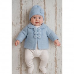 Blue Pom Pom Knitted Jacket & Hat