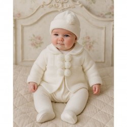 White Knitted Pom Pom Jacket & Hat