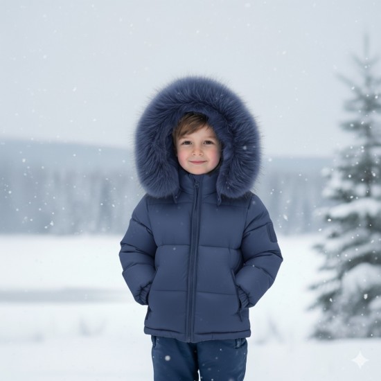 NAVY PUFFER COAT WITH HOOD