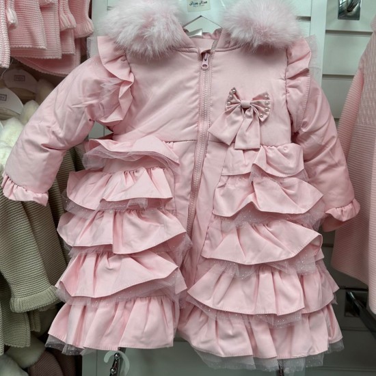 GIRL PINK PUFFER COAT WITH FAUX FUR HOOD AND BOW GIRL PINK PUFFER COAT WITH FAUX FUR HOOD AND BOW