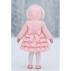 Pink Frilled Puffer Coat With Bow On Back