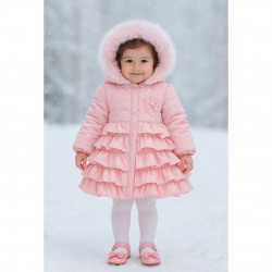 Pink Frilled Puffer Coat With Bow On Back