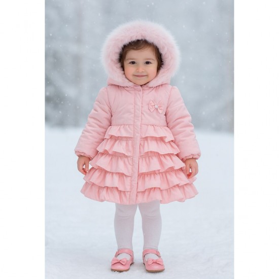 Pink Frilled Puffer Coat With Bow On Back
