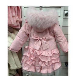BABY GIRL PINK FRILLY BOTTOM COAT WITH FAUX FUR HOOD WITH MESH 
