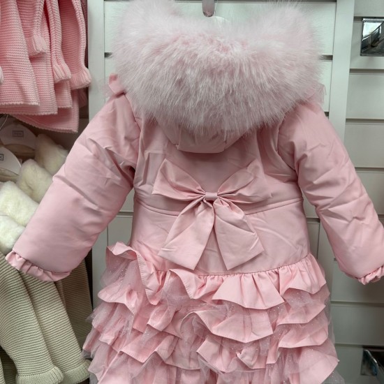 BABY GIRL PINK FRILLY BOTTOM COAT WITH FAUX FUR HOOD WITH MESH  BABY GIRL PINK FRILLY BOTTOM COAT WITH FAUX FUR HOOD WITH MESH