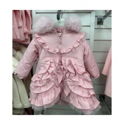 BABY GIRL PINK FRILLY BOTTOM COAT WITH FAUX FUR HOOD WITH MESH 