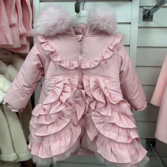BABY GIRL PINK FRILLY BOTTOM COAT WITH FAUX FUR HOOD WITH MESH  BABY GIRL PINK FRILLY BOTTOM COAT WITH FAUX FUR HOOD WITH MESH