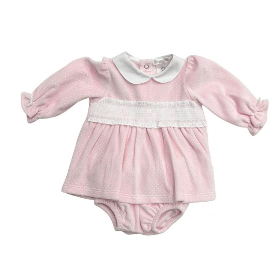 DEOLINDA PINK AND WHITE DOTTED VELOUR DRESS WITH KNICKERS