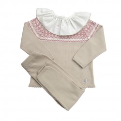 Granlei Beige Knitted Trouser Set With Ruffle Collar  Granlei Beige Knitted Trouser Set With Ruffle Collar