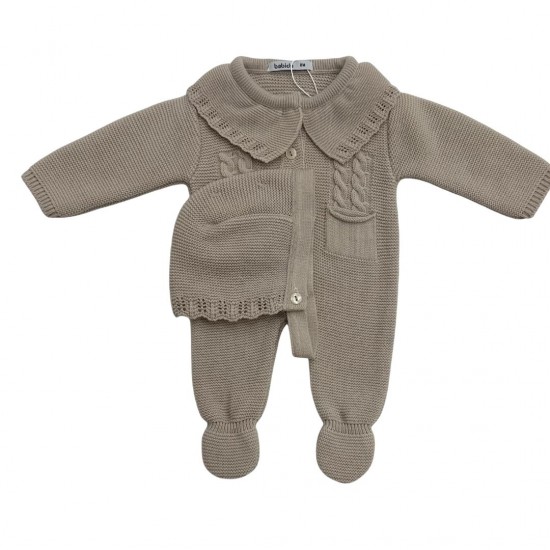 BABIDU KNITTED BABY GROW WITH BONNET OATMEAL