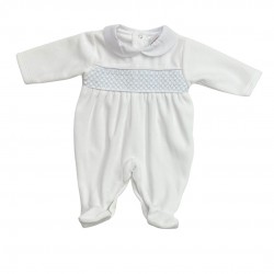 AW Pex white velour babygrow with blue detail AW Pex white velour babygrow with blue detail