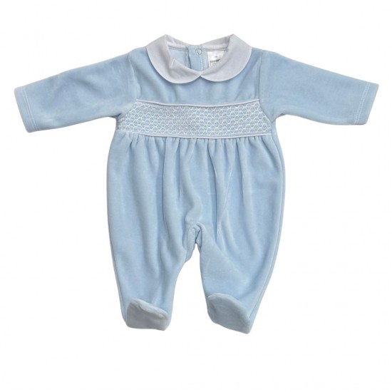 AW PEX Blue VELOUR BABYGROW WITH white DETAIL
