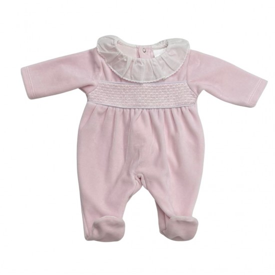  AW PEX Pink VELOUR BABYGROW WITH WHITE SMOCK DETAIL 