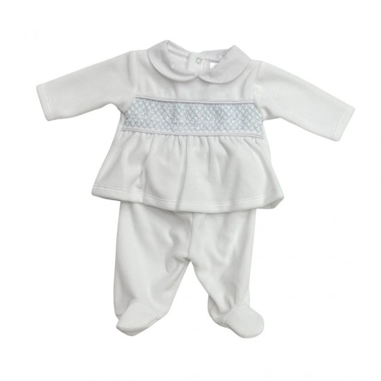 AW PEX White VELOUR BABYGROW WITH Blue DETAIL TWO PIECE