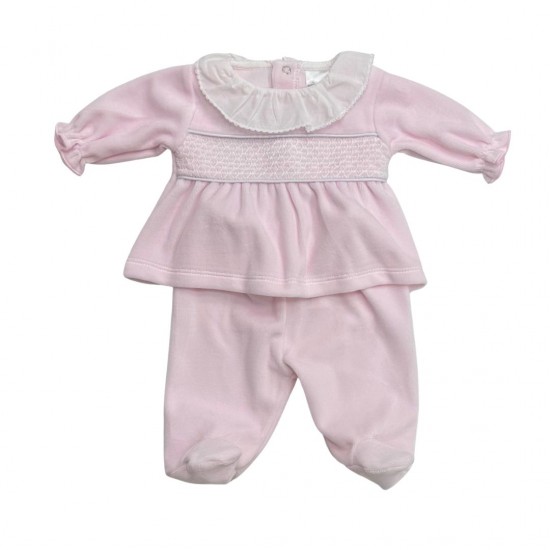 AW PEX Pink VELOUR BABYGROW WITH White DETAIL TWO PIECE
