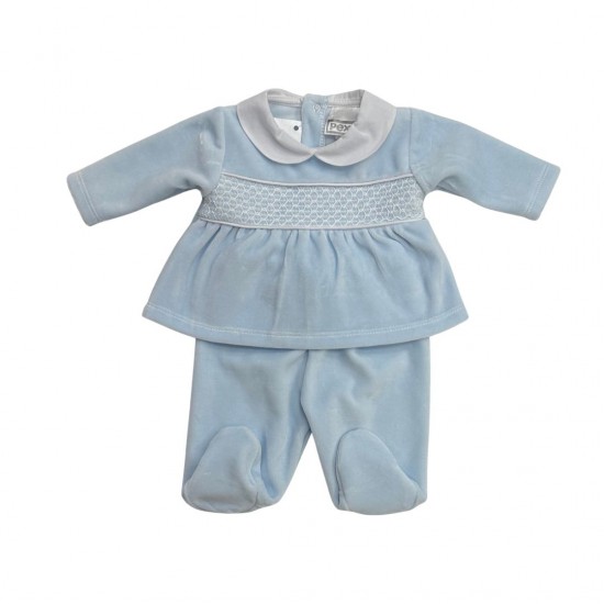 AW PEX BLUE VELOUR BABYGROW WITH WHITE DETAIL TWO PIECE