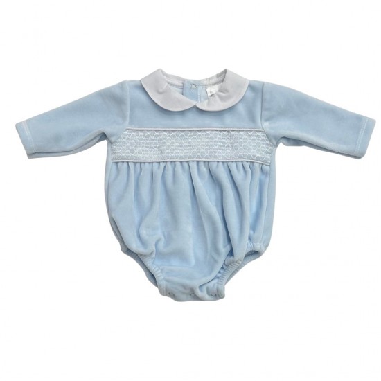 AW PEX BLUE VELOUR SMOCKED ROMPER