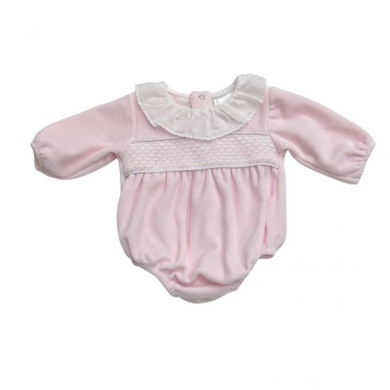 AW PEX PINK VELOUR SMOCKED ROMPER