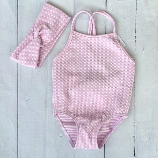 Calamaro pink gingham swimsuit with matching head band 