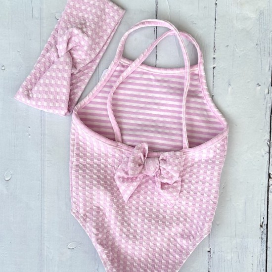 Calamaro pink gingham swimsuit with matching head band 