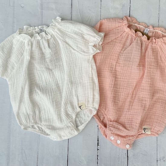 Calamaro peach and white linen rompers.