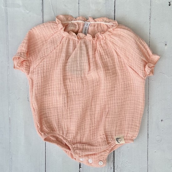 Calamaro peach and white linen rompers.