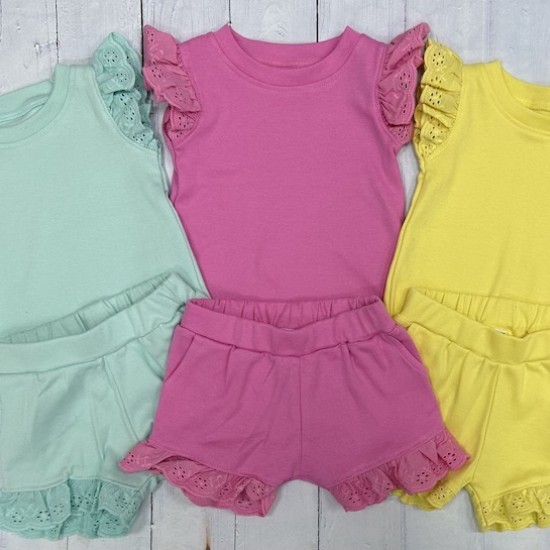 Girl Frill short set - pink, yellow and mint