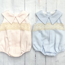 Lor Mira unisex pink and blue romper with cream lace panel Lor Mira unisex pink and blue romper with cream lace panel