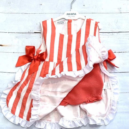 Juliana coral and white stripe pinafore dress with knitted knickers