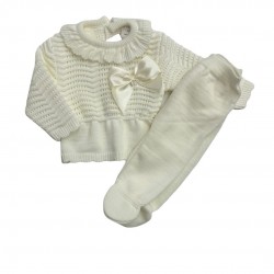 Little Nosh Knitted Footed Two Piece With Bow Pink Or Cream Little Nosh Knitted Footed Two Piece With Bow Pink Or Cream