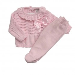 Little Nosh Knitted Footed Two Piece With Bow Pink Or Cream Little Nosh Knitted Footed Two Piece With Bow Pink Or Cream